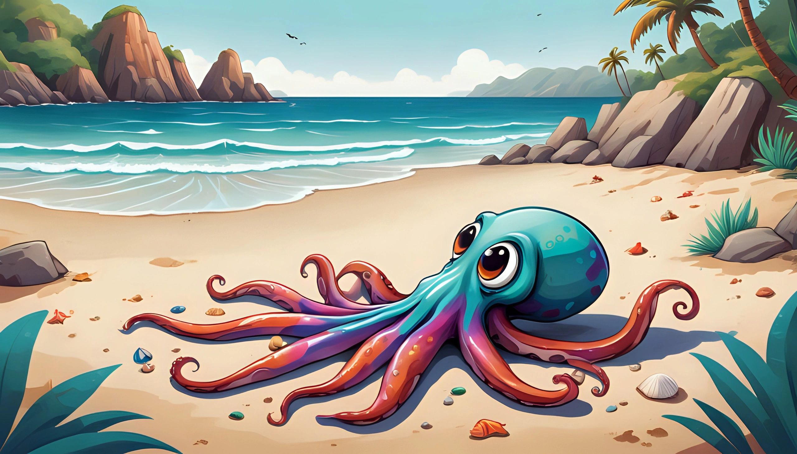 AI Generated image of a cartoon octopus lounging on a coast line.