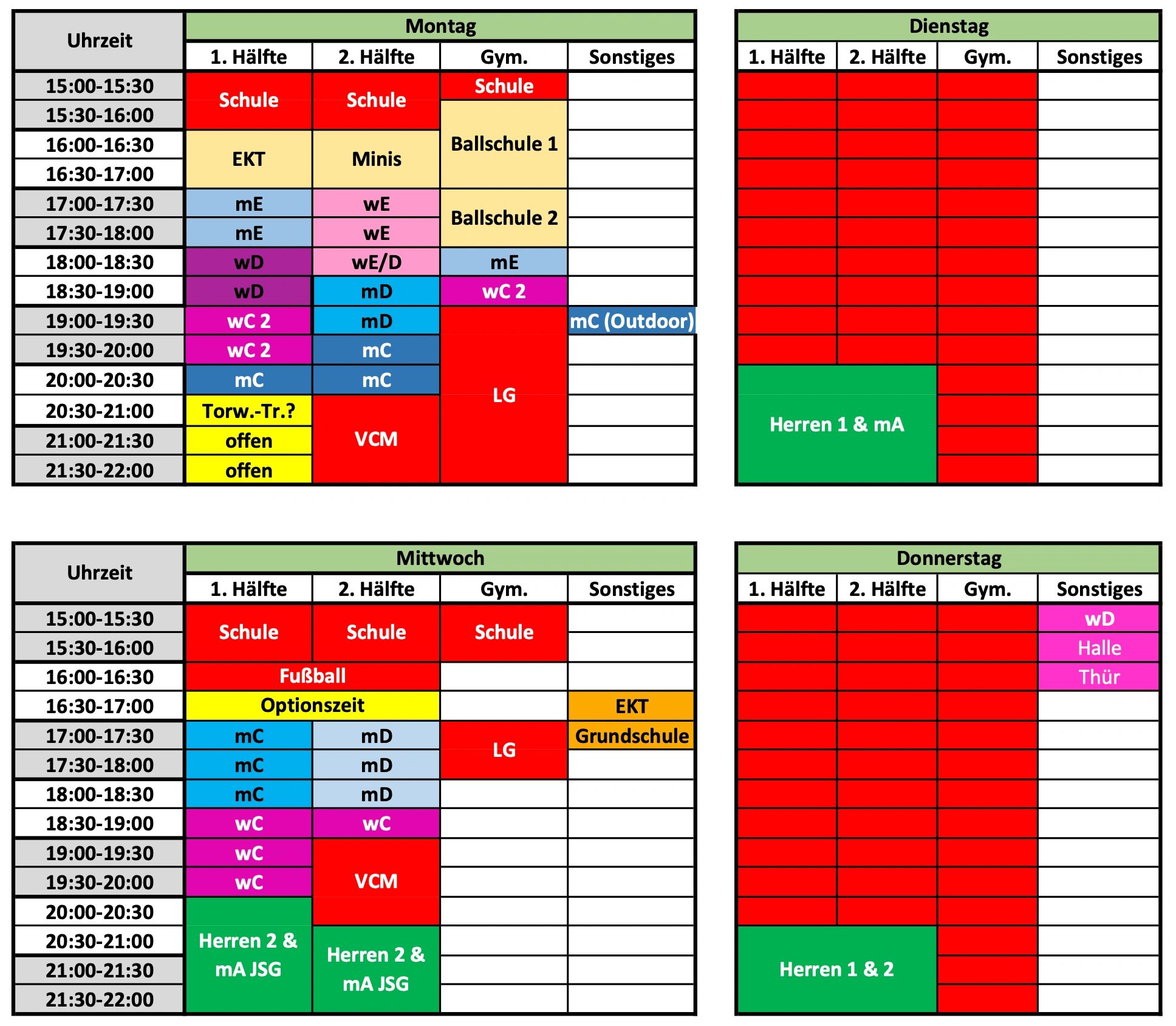 Sport- und Schulplan mit farbcodierten Aktivitäten von Montag bis Donnerstag.