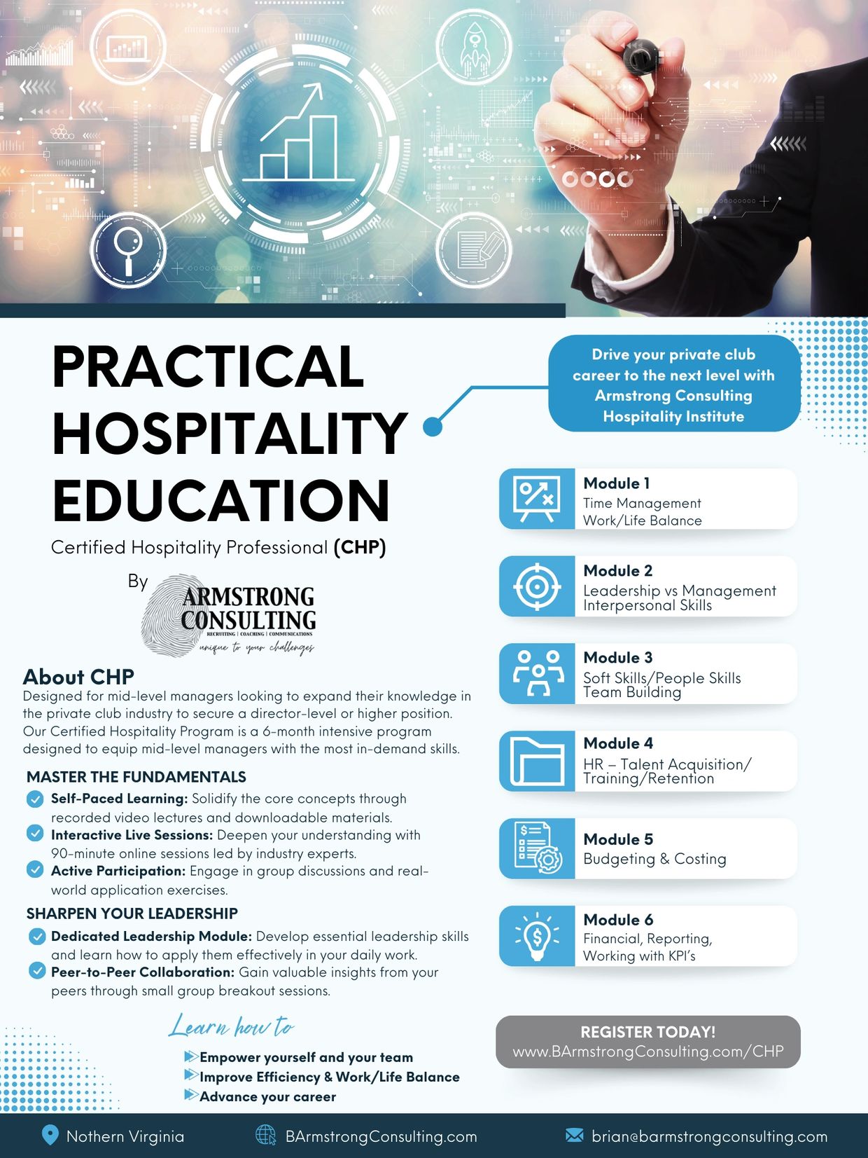 Practical hospitality education program for mid-level managers by Armstrong Consulting.