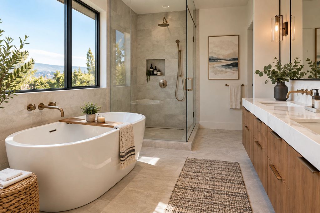 Salle de bain moderne avec bain autoportant, douche vitrée et vanité.