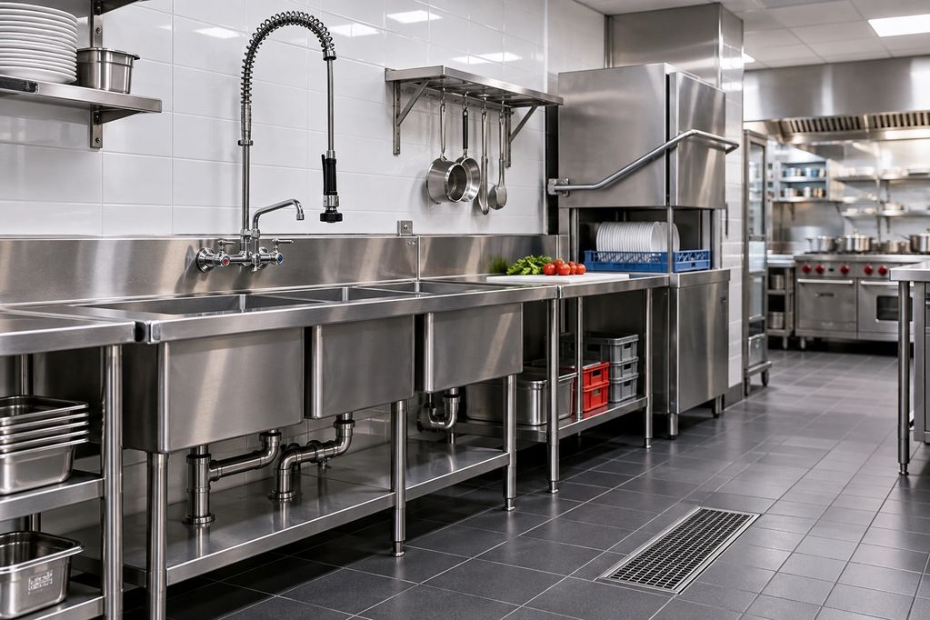 Cuisine commerciale moderne avec équipements en acier inoxydable et plomberie professionnelle.