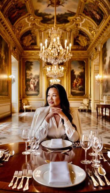 Woman in elegant white outfit dining in a luxurious, ornately decorated room.