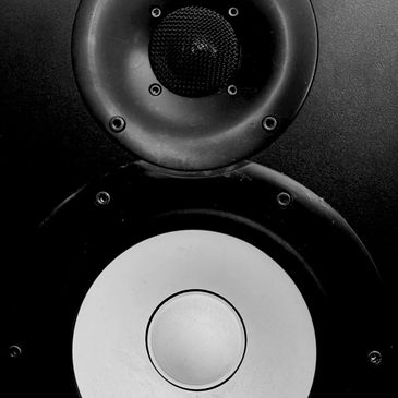 Close-up of a black and white speaker.