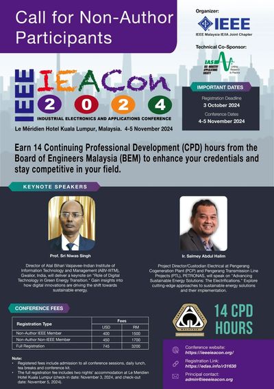 Call for non-author participants for the 2024 IEEE IEACon conference in Kuala Lumpur.