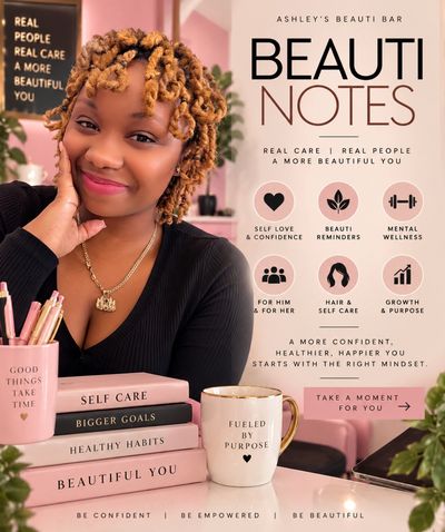 Woman promoting self-care and mental wellness with motivational notes.