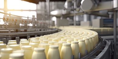 Rows of milk bottles moving on a factory conveyor belt.