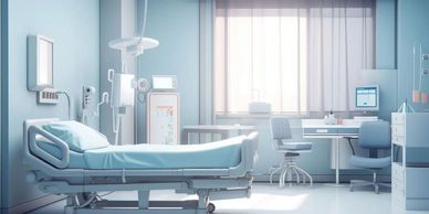 Bright and clean hospital room with a single bed and medical equipment.