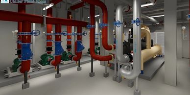 Industrial chiller plant room with large red, silver, and beige pipes and machinery.