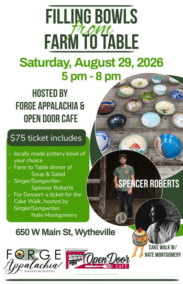Event poster for Filling Bowls from Farm to Table on August 29, 2026, in Wytheville.