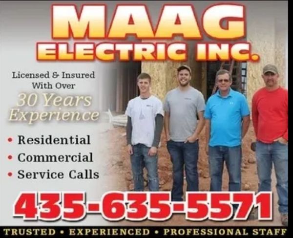 Advertisement for Maag Electric Inc. with four men and contact details.