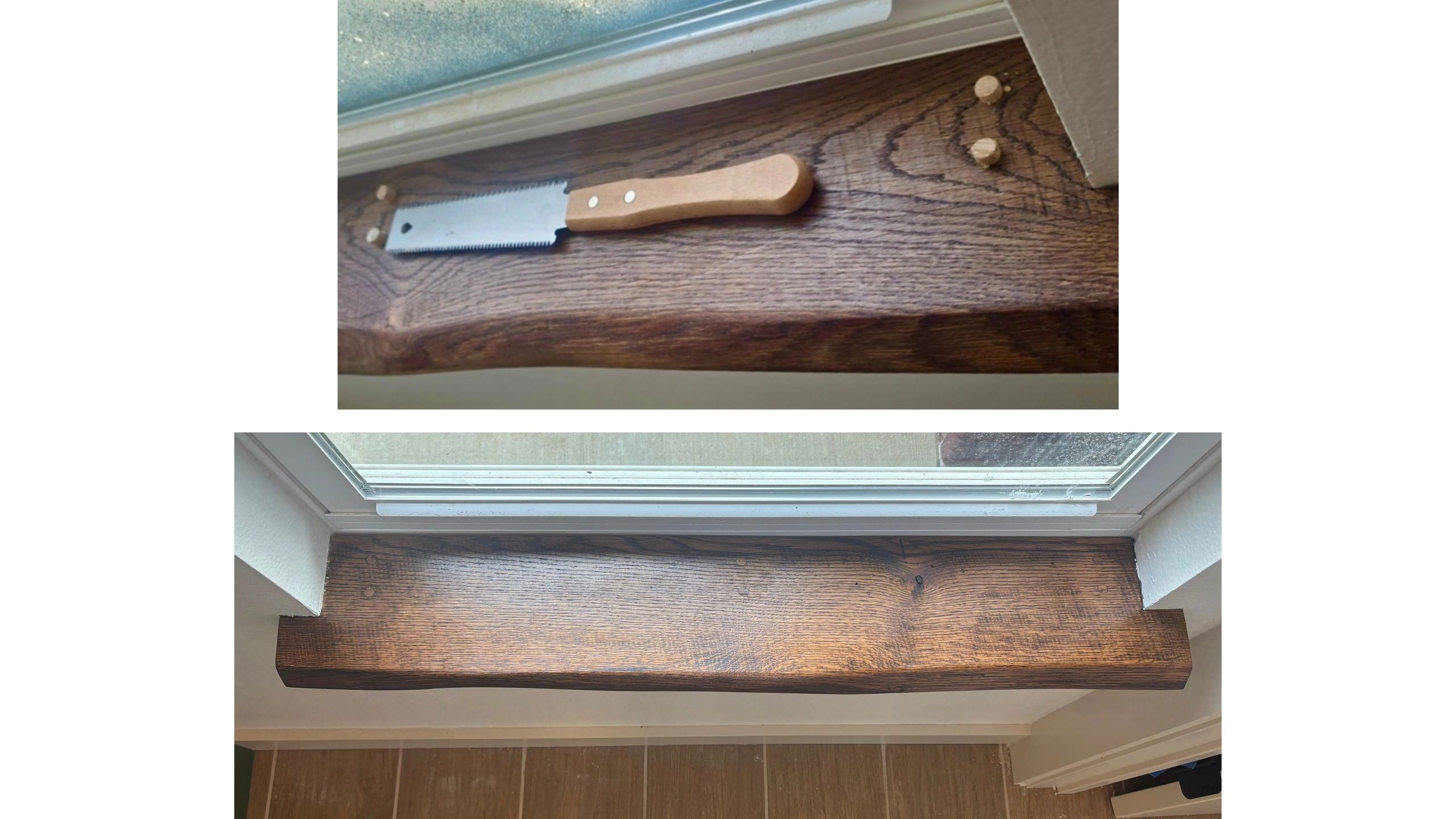 Custom made wooden window sill. Sanded & Stained & secured with wooden dowels. 