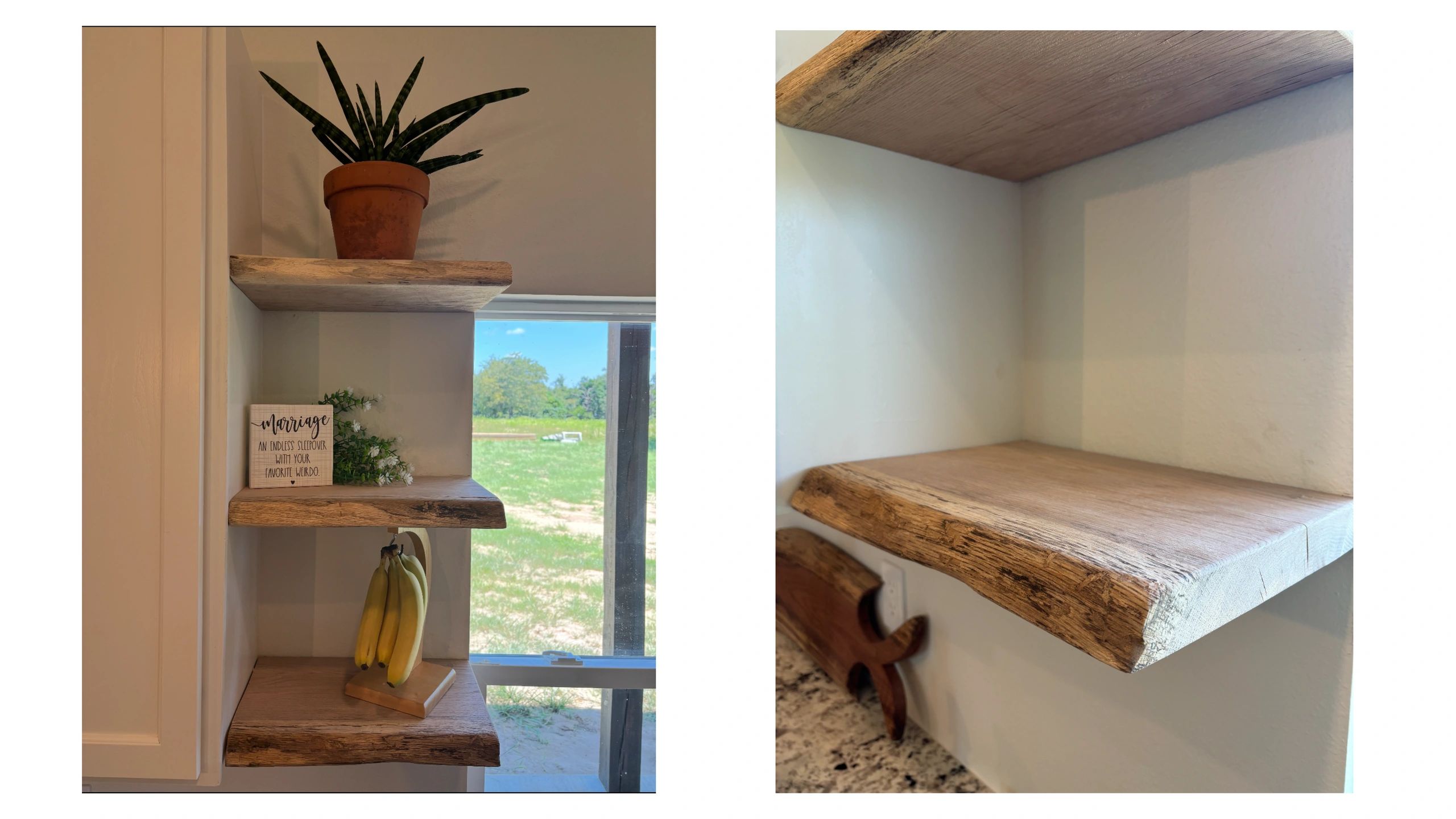 Custom wooden floating shelves in kitchen.