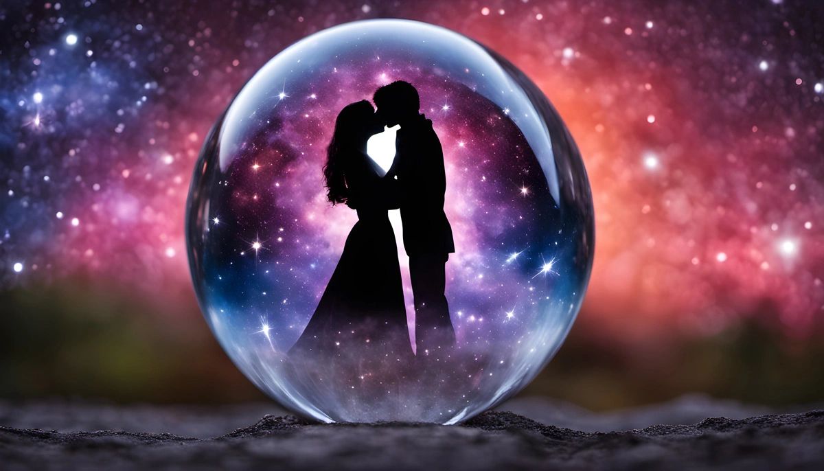 The silhouette of a couple kissing inside a crystal ball surrounded by stars in the universe.