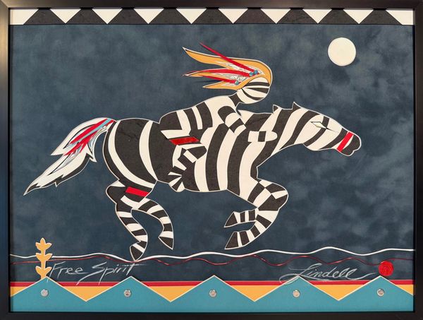 A striped figure riding a striped horse under a moonlit sky.