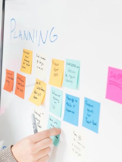 A section of a whiteboard showing planning sticky notes.