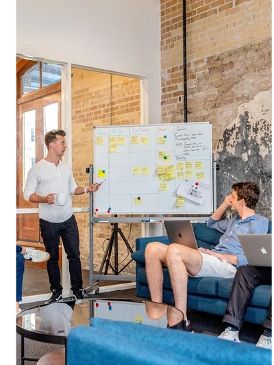 People at a whiteboard carrying out project planning.