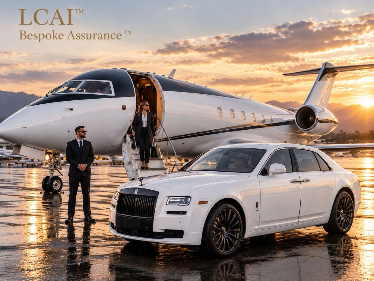 Luxury car and private jet with well-dressed man and woman.