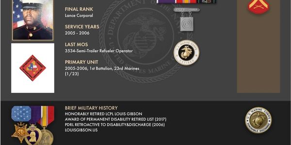 Military service summary and honors of Lance Corporal Louis Gibson.