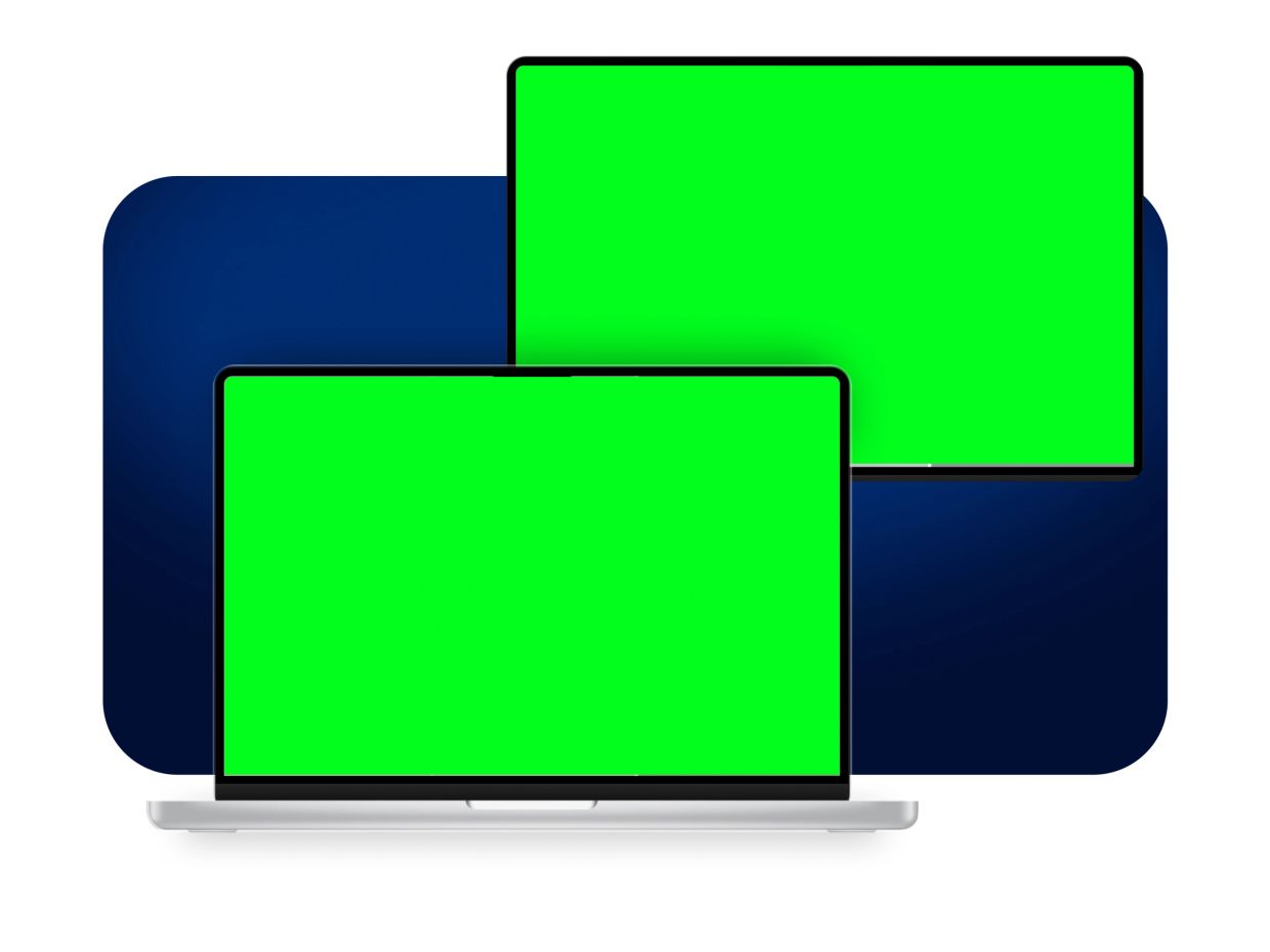 Dois dispositivos com telas verdes sobre fundo azul escuro.