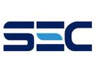 Blue SEC logo with stylized letter design.