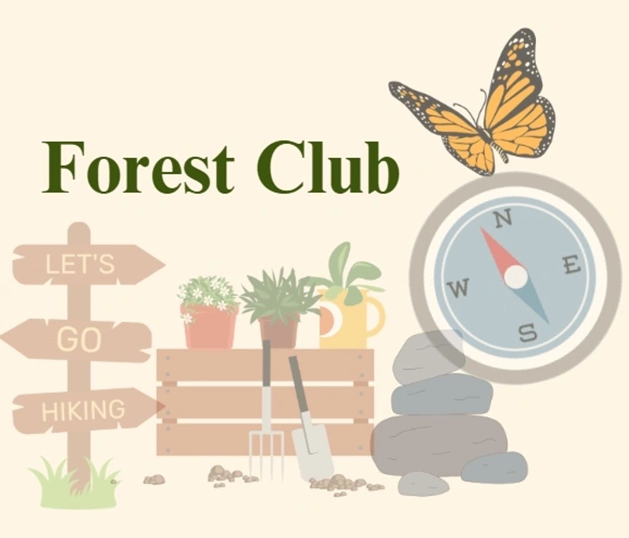 Forest Club logo with compass, butterfly, and plants encouraging adventure.