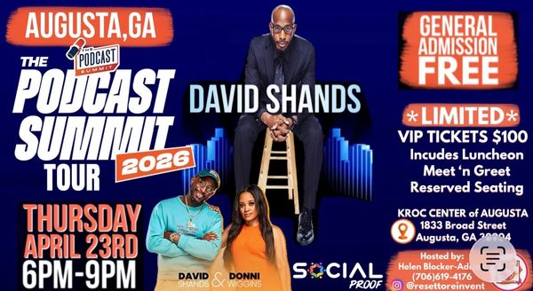 Promotional flyer for The Podcast Summit Tour 2026 in Augusta, GA, featuring David Shands.