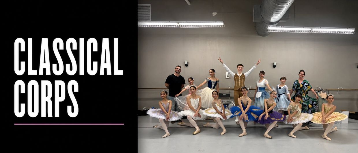 Ballet dancers posing with instructors in a studio.