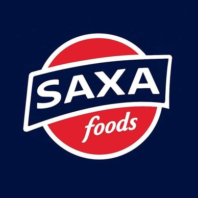 Logo of Saxa Foods with bold text and red circle.