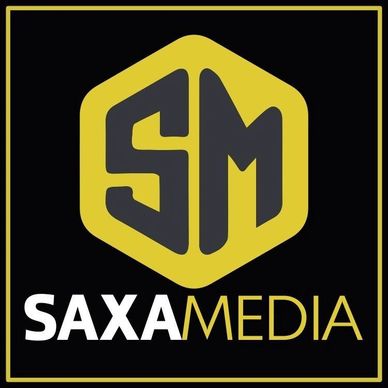 Logo of Saxa Media with a yellow hexagon and black background.