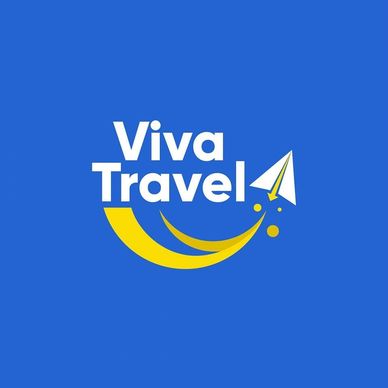Viva Travel logo with a paper airplane and swoosh design on blue background.