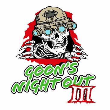 Skull with night vision goggles and 'Goon's Night Out III' text.