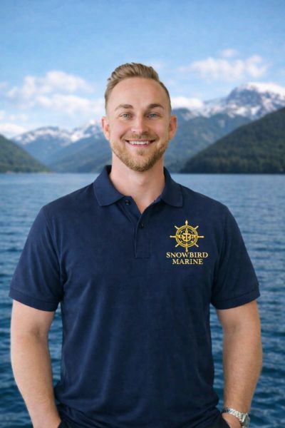 Man smiling in navy blue Snowbird Marine polo by a lake with mountains.