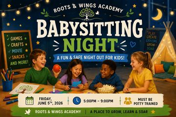Colorful flyer for a kids' babysitting night event with games, crafts, and snacks.
