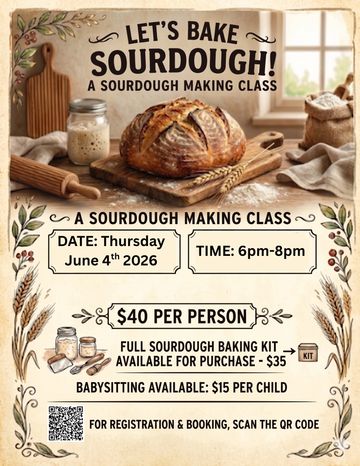 Inviting sourdough baking class with date, time, and pricing details.