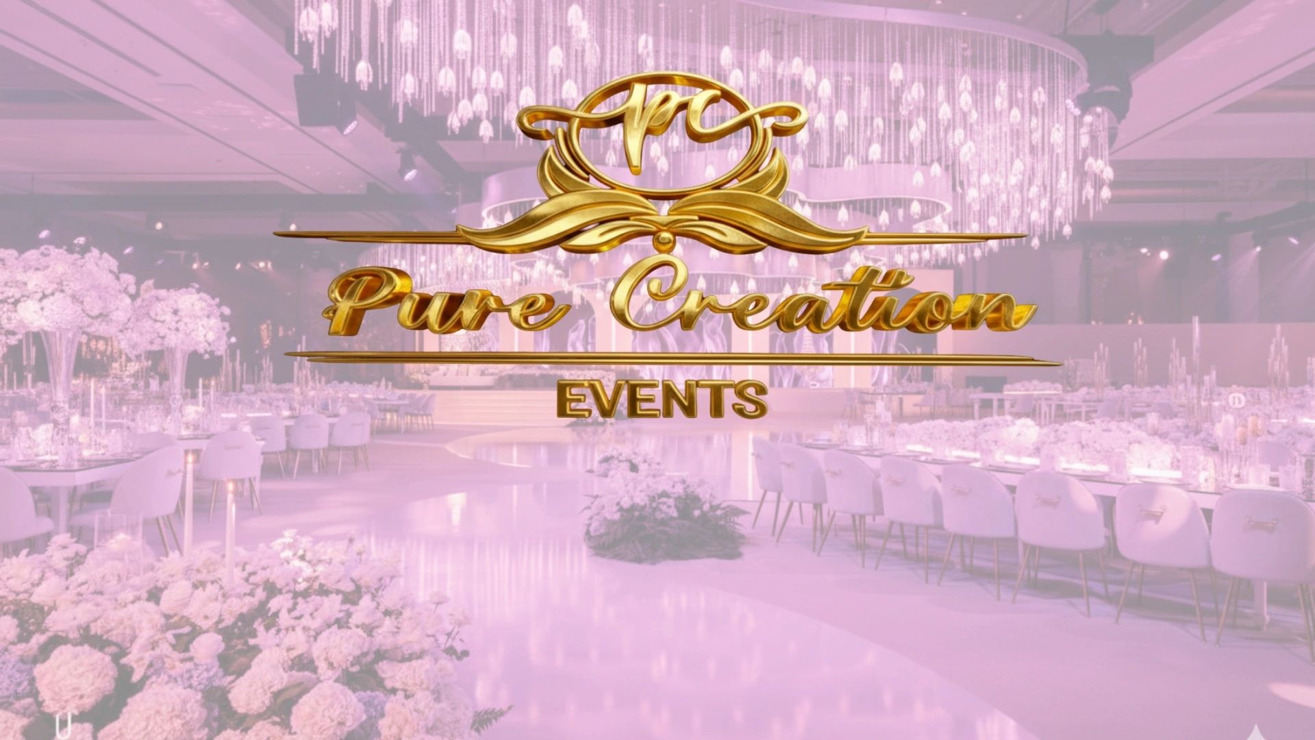 Elegant event setup with Pure Creation Events logo in gold.