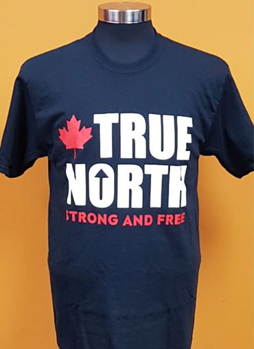 Navy blue t-shirt with bold 'True North Strong and Free' text and a red maple leaf.