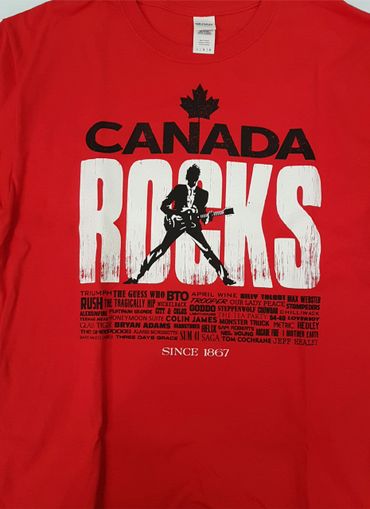 Red t-shirt with 'Canada Rocks' and iconic Canadian rock bands listed.