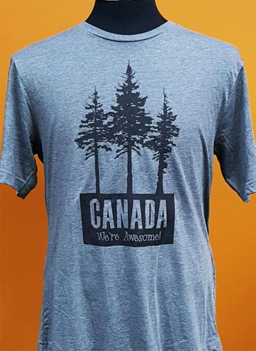 Gray T-shirt with black trees and "CANADA We're Awesome!" text.