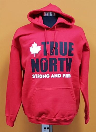 Red hoodie with 'True North Strong and Free' and a maple leaf graphic.