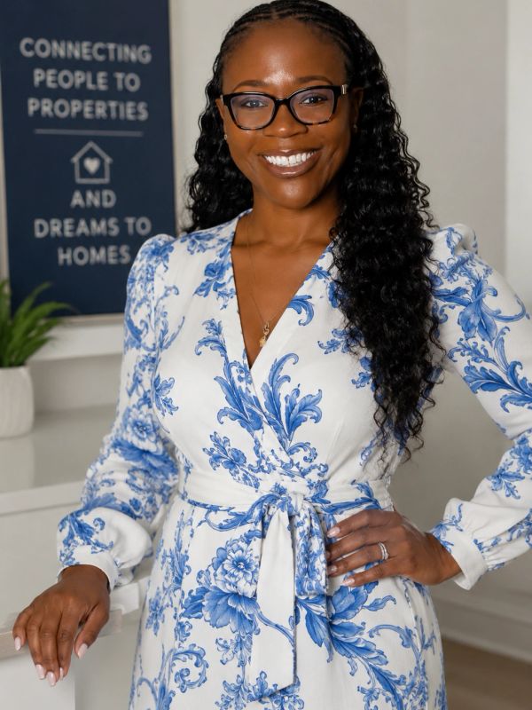 Woman in a blue and white floral dress smiling confidently.