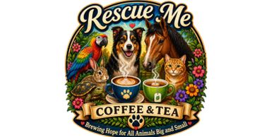 Colorful Rescue Me logo with animals and coffee cups.