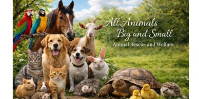 A diverse group of animals with text promoting animal rescue and welfare.