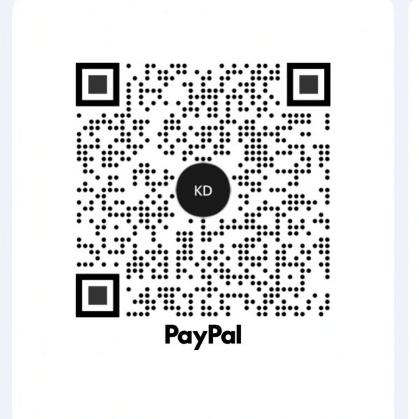 A PayPal QR code for quick payments with the initials KD.