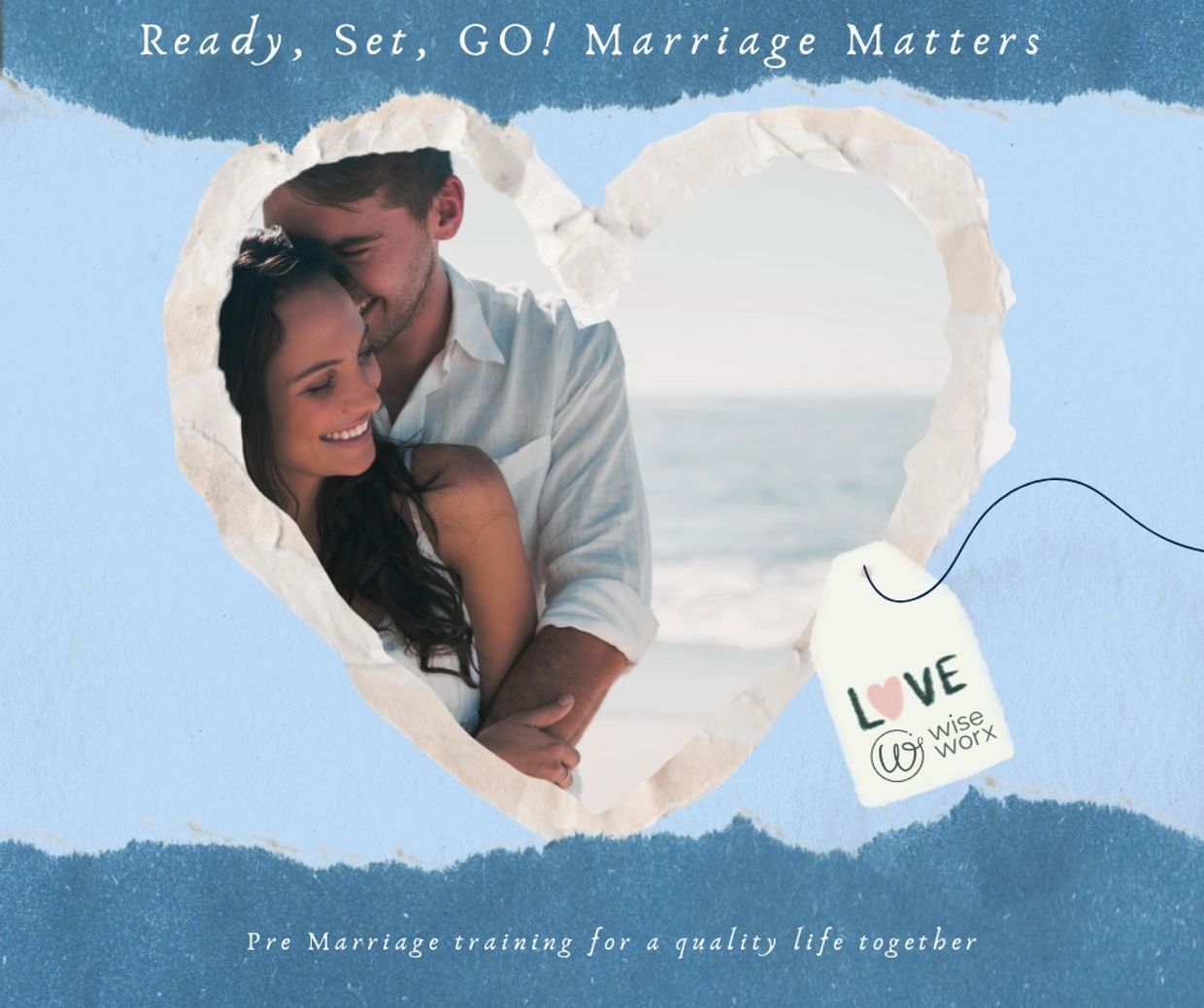 Couple embracing with love-themed design and marriage training message.