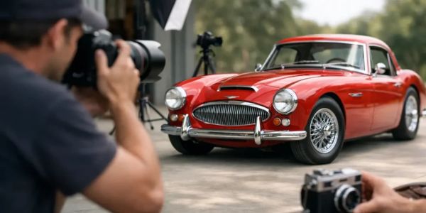 Photographer capturing a red vintage car.