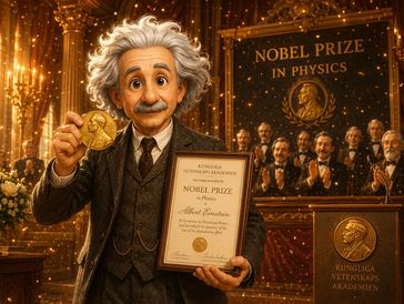 Animated Albert Einstein holding a Nobel Prize in Physics.