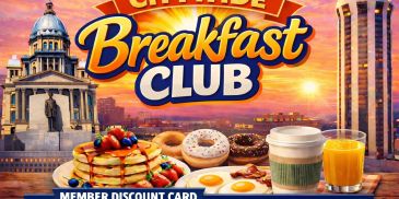 Bright breakfast club promotional image with pancakes, coffee, and orange juice.
