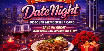 Romantic date night with steak, wine, roses, and a gift against a city skyline.