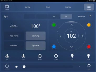 Digital spa control panel showing temperature and pump settings.