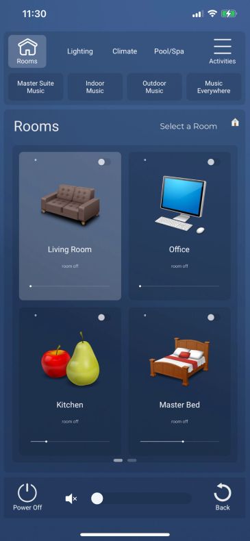 Smart home app interface managing music in different rooms.